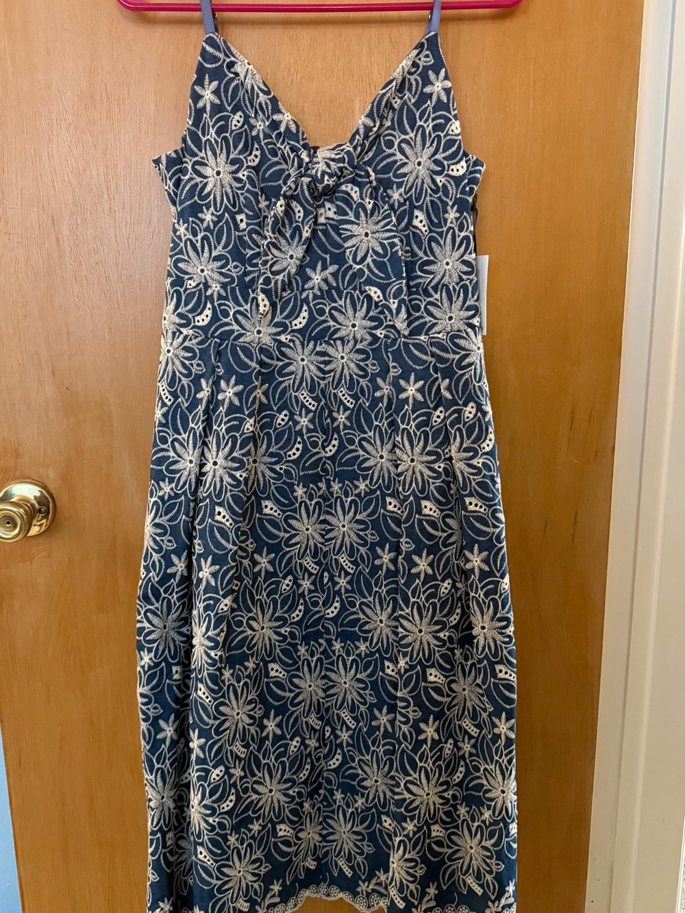 Kensie Navy and White Floral Eyelet Tie-Front Midi Dress